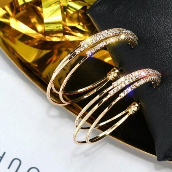 18K GOLD PLATED DIAMOND HOOP EARRINGS - Picture 2 of 5